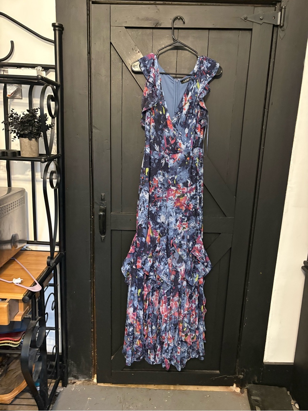 Ralph Lauren Navy Floral Ruffle-Tier Maxi Dress with Pink & Yellow Accents